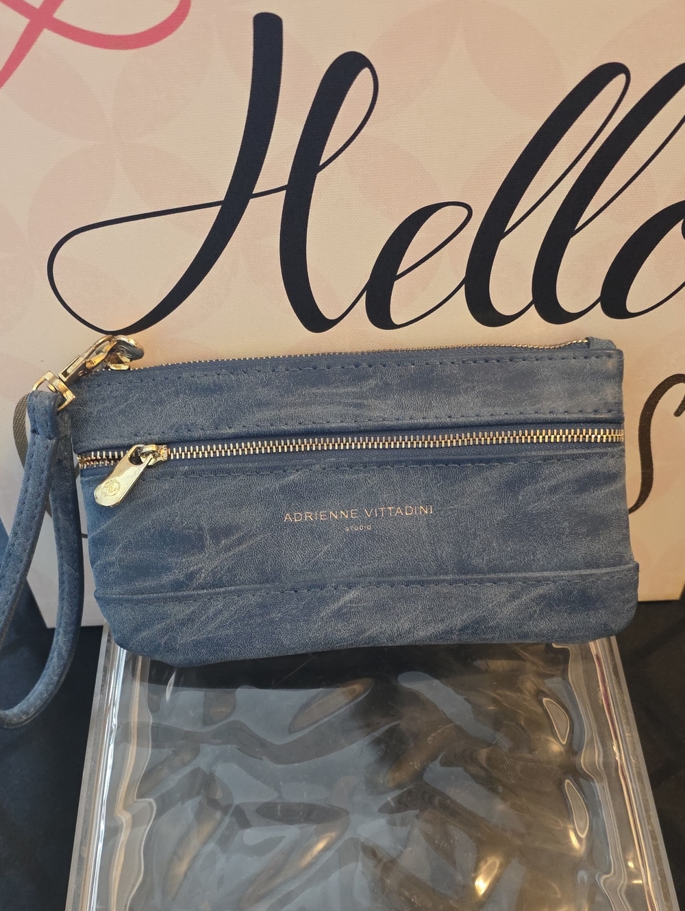 Adrienne Vittadini Denim Blue Wristlet Clutch with Gold Hardware